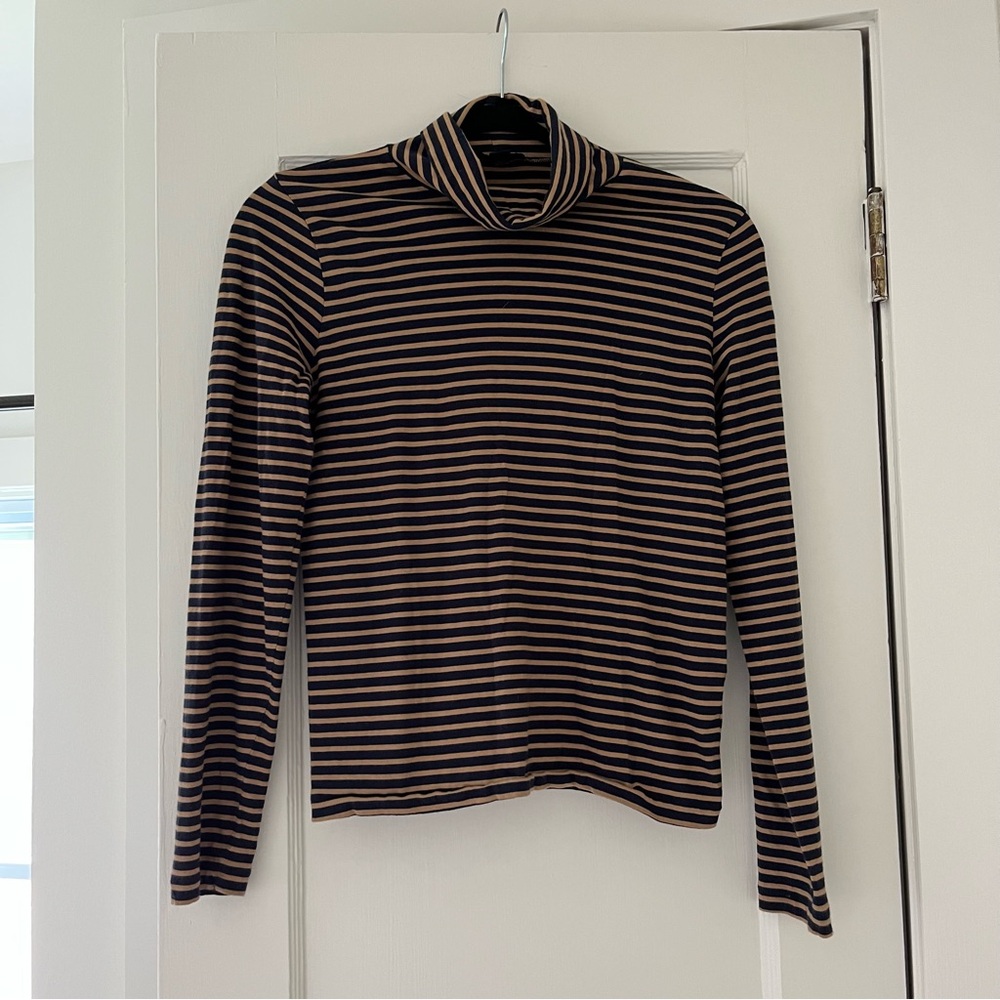 J Crew Tissue Turtleneck in Navy Camel Stripe | Size XS